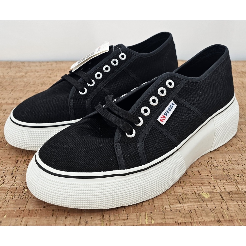 Superga Bubble Line Womens 9.5 Low-Top Sneakers Black Wedge Lace Up Sneaker 2287